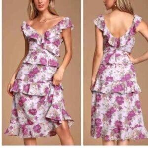 Lulus Fleur-Evermore Lavender Floral Print Ruffled Midi Dress EUC